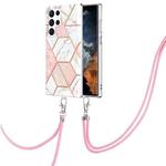 For Samsung Galaxy S23 Ultra 5G Electroplating IMD Splicing Dual-side Marble TPU Phone Case with Lanyard(Pink White)