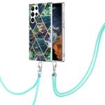 For Samsung Galaxy S23 Ultra 5G Electroplating IMD Splicing Dual-side Marble TPU Phone Case with Lanyard(Blue Green)