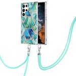 For Samsung Galaxy S23 Ultra 5G Electroplating IMD Splicing Dual-side Marble TPU Phone Case with Lanyard(Green)