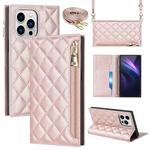 For iPhone 14 Pro Max Grid Texture Lanyard Zipper Leather Phone Case(Rose Gold)