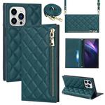 For iPhone 14 Pro Max Grid Texture Lanyard Zipper Leather Phone Case(Green)