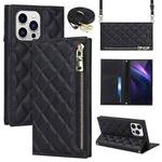 For iPhone 14 Pro Max Grid Texture Lanyard Zipper Leather Phone Case(Black)