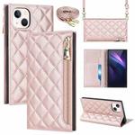 For iPhone 14 Grid Texture Lanyard Zipper Leather Phone Case(Rose Gold)