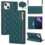 For iPhone 14 Grid Texture Lanyard Zipper Leather Phone Case(Green)