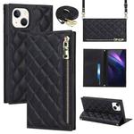 For iPhone 14 Plus Grid Texture Lanyard Zipper Leather Phone Case(Black)