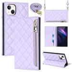 For iPhone 13 Grid Texture Lanyard Zipper Leather Phone Case(Purple)