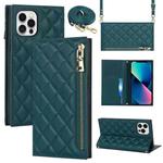 For iPhone 12 Pro Max Grid Texture Lanyard Zipper Leather Phone Case(Green)