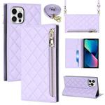 For iPhone 12 / 12 Pro Grid Texture Lanyard Zipper Leather Phone Case(Purple)