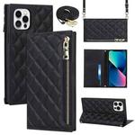For iPhone 12 / 12 Pro Grid Texture Lanyard Zipper Leather Phone Case(Black)