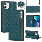 For iPhone 12 mini Grid Texture Lanyard Zipper Leather Phone Case(Green)
