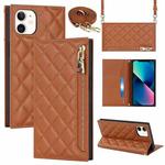 For iPhone 12 mini Grid Texture Lanyard Zipper Leather Phone Case(Brown)
