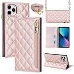 For iPhone 11 Pro Max Grid Texture Lanyard Zipper Leather Phone Case(Rose Gold)