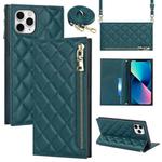 For iPhone 11 Pro Max Grid Texture Lanyard Zipper Leather Phone Case(Green)