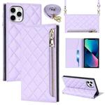 For iPhone 11 Pro Grid Texture Lanyard Zipper Leather Phone Case(Purple)