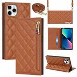 For iPhone 11 Pro Grid Texture Lanyard Zipper Leather Phone Case(Brown)