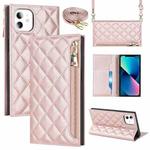 For iPhone 11 Grid Texture Lanyard Zipper Leather Phone Case(Rose Gold)