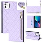 For iPhone 11 Grid Texture Lanyard Zipper Leather Phone Case(Purple)