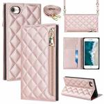 For iPhone SE 2022 / SE 2020 / 8 / 7 Grid Texture Lanyard Zipper Leather Phone Case(Rose Gold)