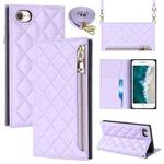 For iPhone SE 2022 / SE 2020 / 8 / 7 Grid Texture Lanyard Zipper Leather Phone Case(Purple)
