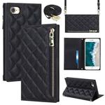 For iPhone SE 2022 / SE 2020 / 8 / 7 Grid Texture Lanyard Zipper Leather Phone Case(Black)