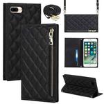 For iPhone 8 Plus / 7 Plus Grid Texture Lanyard Zipper Leather Phone Case(Black)