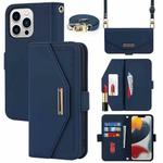 For iPhone 14 Pro Max Cross Texture Lanyard Leather Phone Case(Blue)