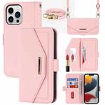 For iPhone 14 Pro Max Cross Texture Lanyard Leather Phone Case(Pink)