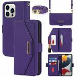 For iPhone 14 Pro Cross Texture Lanyard Leather Phone Case(Purple)