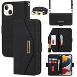 For iPhone 14 Cross Texture Lanyard Leather Phone Case(Black)