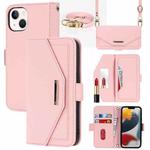 For iPhone 14 Cross Texture Lanyard Leather Phone Case(Pink)