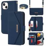 For iPhone 14 Plus Cross Texture Lanyard Leather Phone Case(Blue)