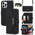 For iPhone 13 Pro Max Cross Texture Lanyard Leather Phone Case(Black)