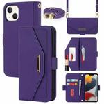 For iPhone 13 Cross Texture Lanyard Leather Phone Case(Purple)