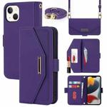 For iPhone 13 mini Cross Texture Lanyard Leather Phone Case(Purple)