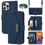 For iPhone 12 Pro Max Cross Texture Lanyard Leather Phone Case(Blue)