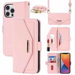 For iPhone 12 Pro Max Cross Texture Lanyard Leather Phone Case(Pink)