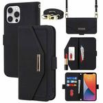 For iPhone 12 / 12 Pro Cross Texture Lanyard Leather Phone Case(Black)
