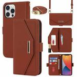 For iPhone 12 / 12 Pro Cross Texture Lanyard Leather Phone Case(Brown)