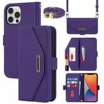 For iPhone 12 / 12 Pro Cross Texture Lanyard Leather Phone Case(Purple)