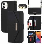 For iPhone 12 mini Cross Texture Lanyard Leather Phone Case(Black)