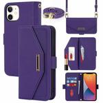 For iPhone 12 mini Cross Texture Lanyard Leather Phone Case(Purple)