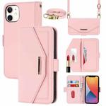 For iPhone 12 mini Cross Texture Lanyard Leather Phone Case(Pink)
