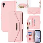 For iPhone XR Cross Texture Lanyard Leather Phone Case(Pink)