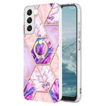 For Samsung Galaxy S23 5G Splicing Marble Flower IMD TPU Phone Case Ring Holder(Light Purple)