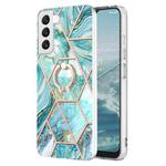 For Samsung Galaxy S23 5G Splicing Marble Flower IMD TPU Phone Case Ring Holder(Blue)