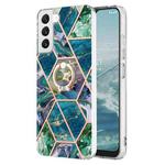 For Samsung Galaxy S23+ 5G Splicing Marble Flower IMD TPU Phone Case Ring Holder(Blue Green)