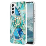 For Samsung Galaxy S23+ 5G Splicing Marble Flower IMD TPU Phone Case Ring Holder(Green)