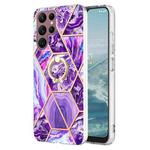 For Samsung Galaxy S23 Ultra 5G Splicing Marble Flower IMD TPU Phone Case Ring Holder(Light Purple)