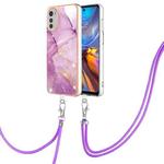 For Motorola Moto E32 4G / E32s Electroplating Marble Dual-side IMD Phone Case with Lanyard(Purple 001)