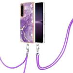 For Sony Xperia 1 IV Electroplating Marble Dual-side IMD Phone Case with Lanyard(Purple 002)